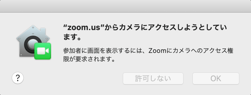 カメラへのアクセス確認ダイアログ Zoomアプリケーションでの例