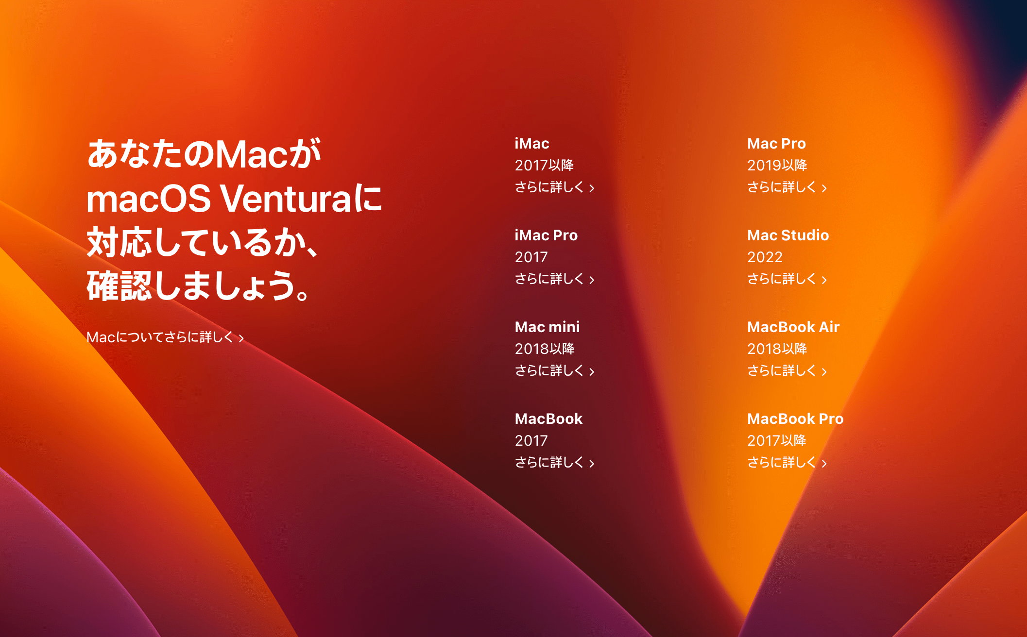 macOS Venturaがサポートするハードウェア一覧