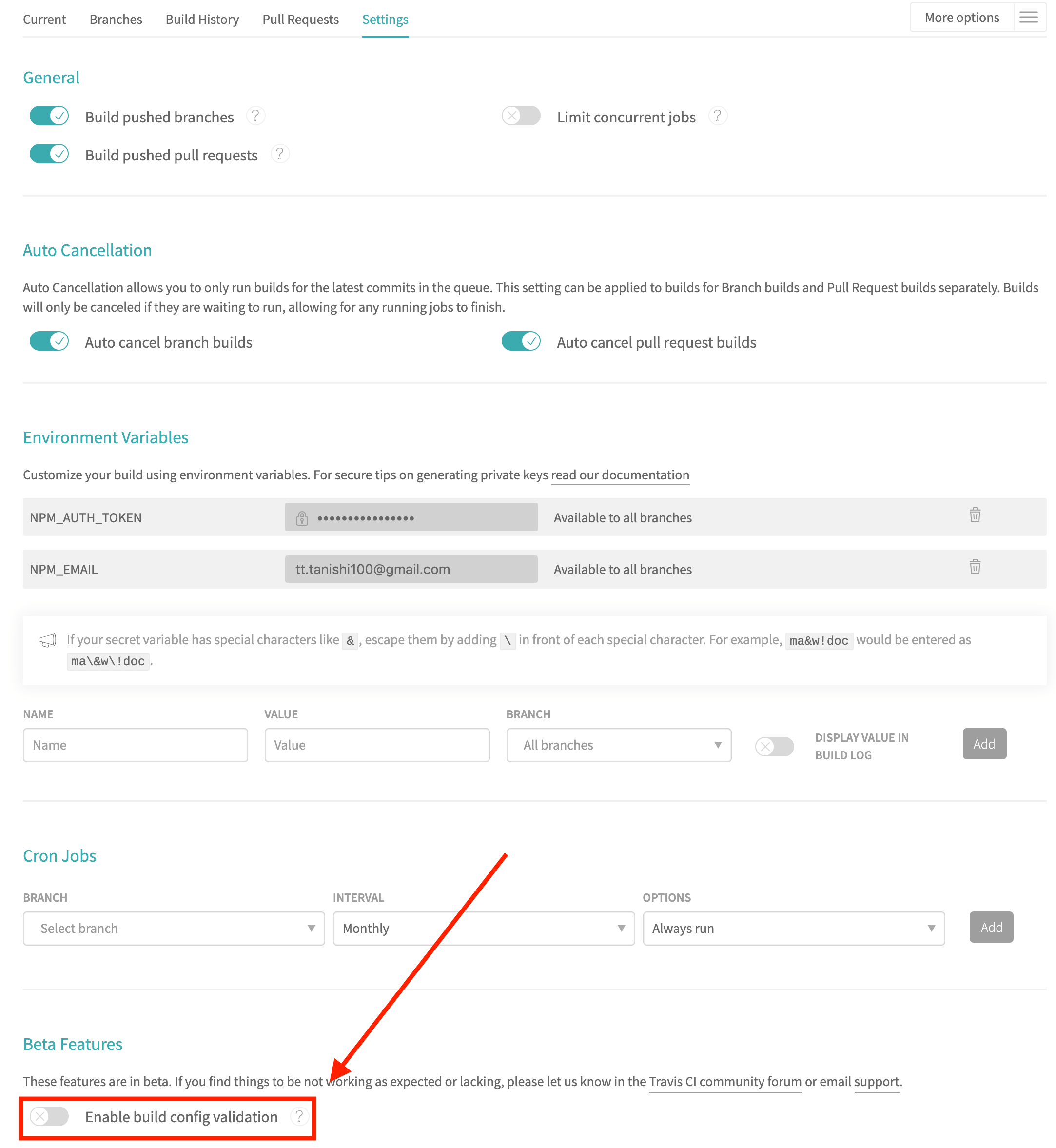 Travis CIのプロジェクト設定ページのEnable Build Config Validationの設定